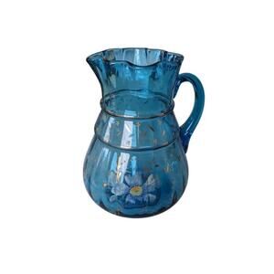 Vintage Victorian Hand Painted Blue Floral Glass Pitcher applied handle